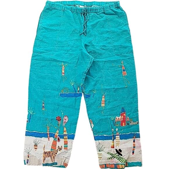 Chico’s Palazzo Linen Pants Sz 3 L Teal Native African Lounge EUC - Picture 1 of 13